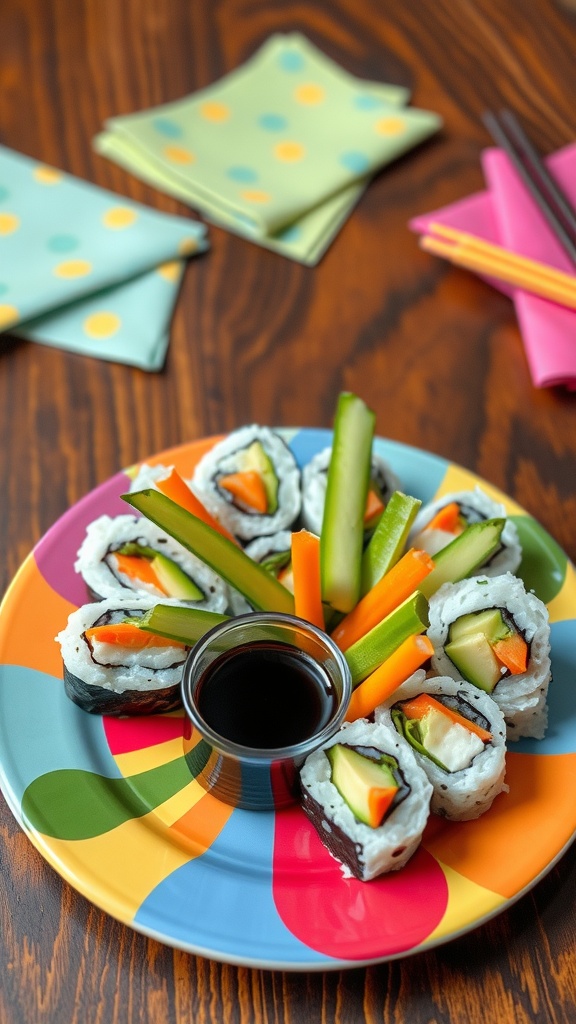 A plate of colorful sushi rolls with avocado, carrot, and cucumber, served with soy sauce.